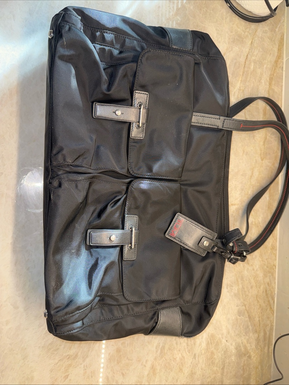 Tumi Black Munich Tote Travel Handbag Carry-On Shoulder Straps Pockets. EUC